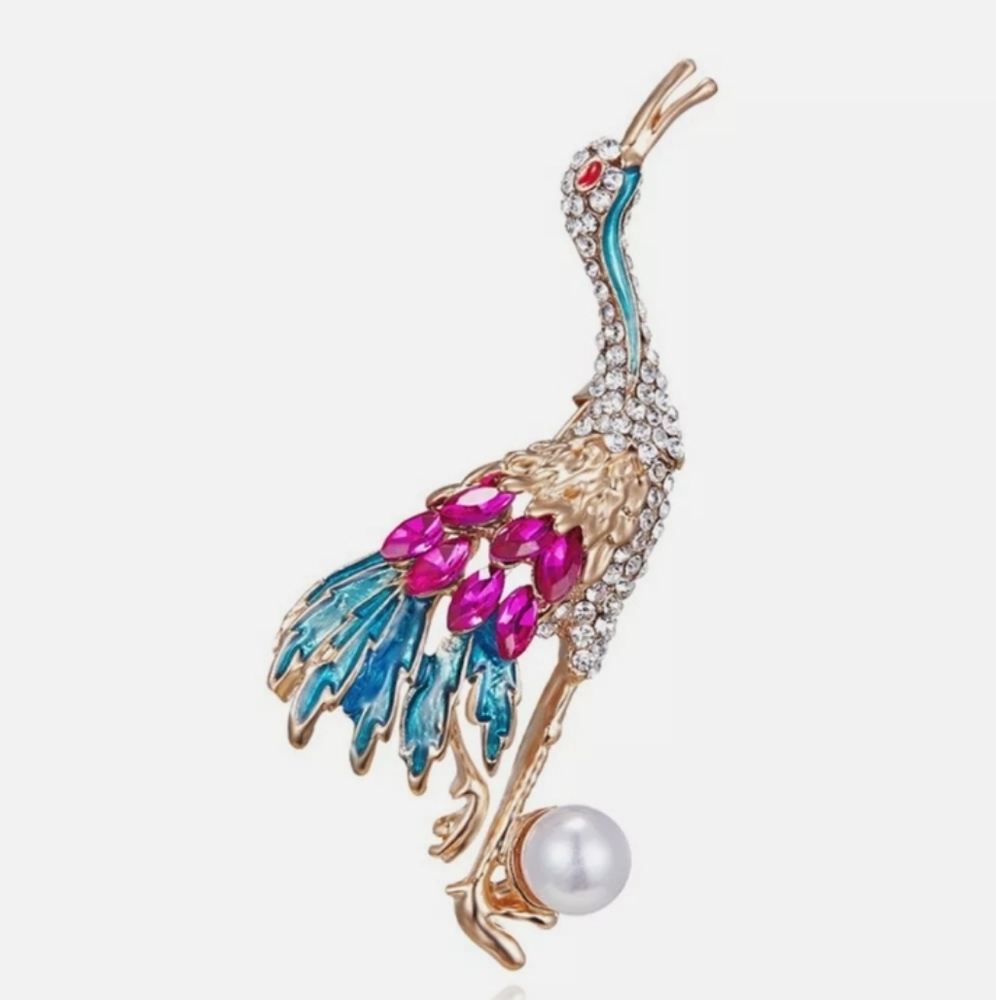 Crane Bird Brooch with Pearl Nwt